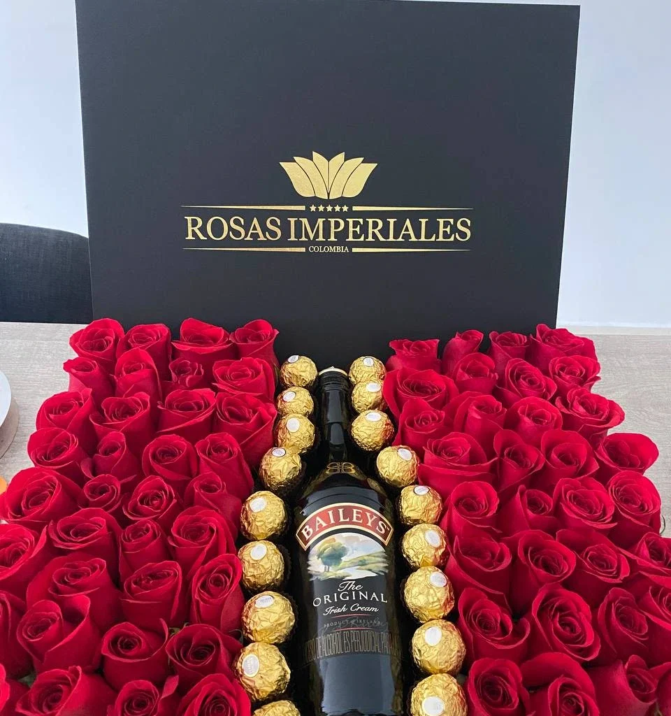 Caja plana XL con botella baileys y 18 ferrero