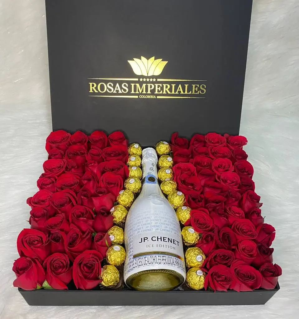 Caja plana grande 75 a 80 rosas con botella jp chenet 18 ferrero rocher
