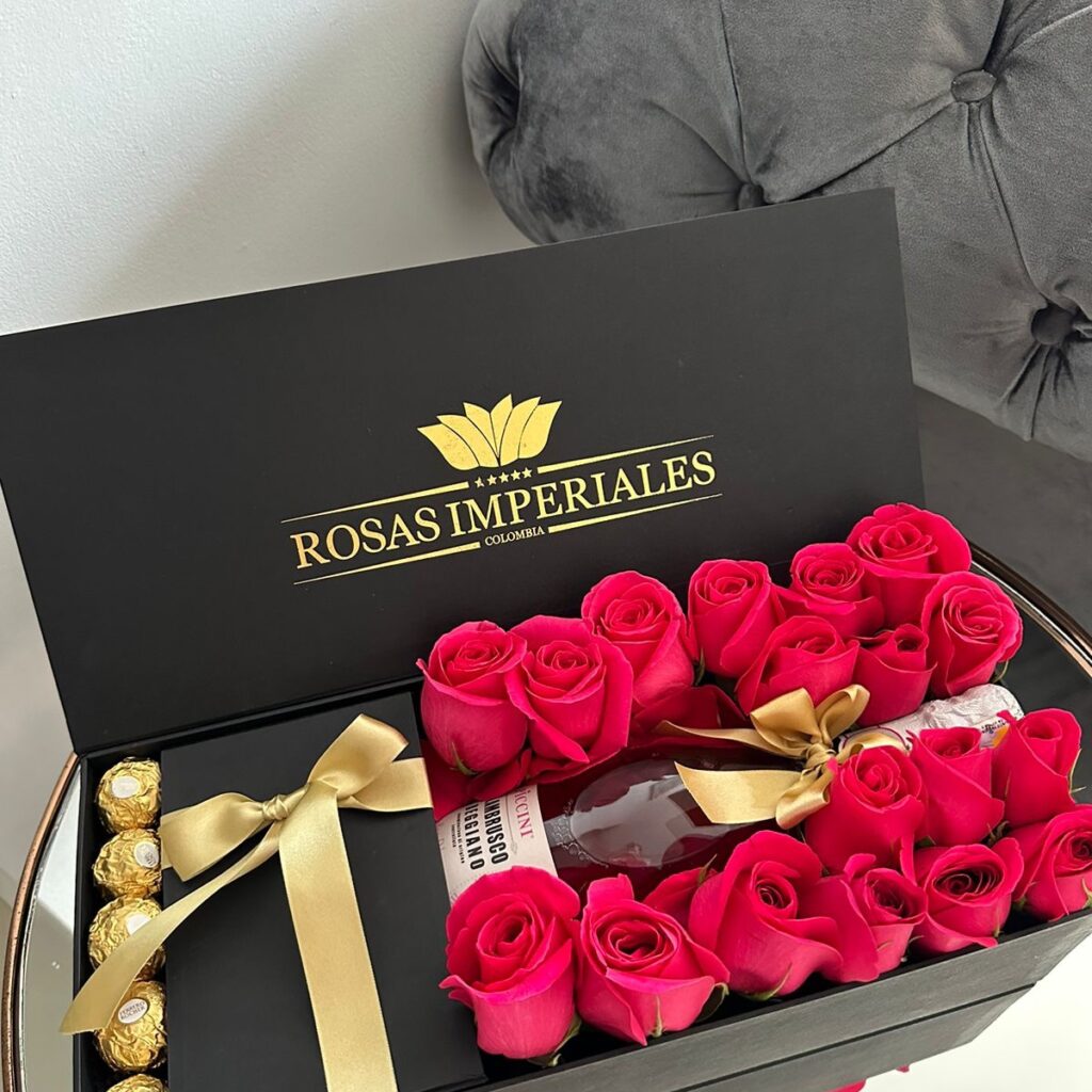 Estuche con rosas botella Lambrusco y ferrero rocher